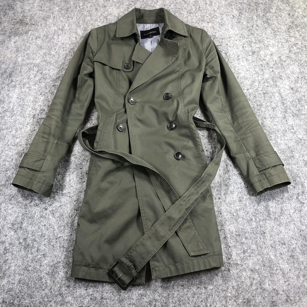Banana Republic Trench Coat Womens XS Green Cotton Belted Double Breasted Lined